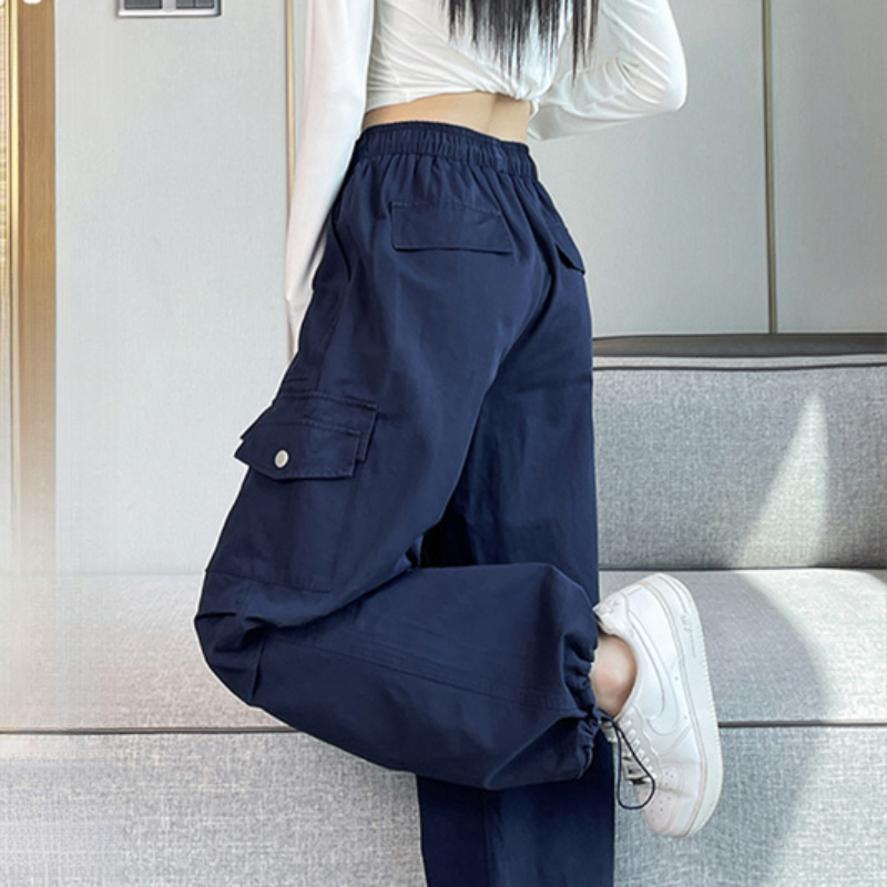 藏青色工装裤女春秋2025年新款美式阔腿束脚运动冲锋裤高腰显瘦潮