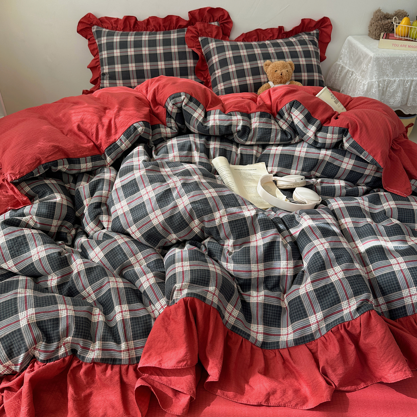 爱莉诗-红色格纹花边床上四件套新款水洗棉被套床单床品四季通用