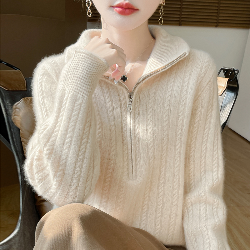 爆款羊绒衫女款半拉链半高领时尚减龄厚款毛衣秋冬针织羊毛衫女