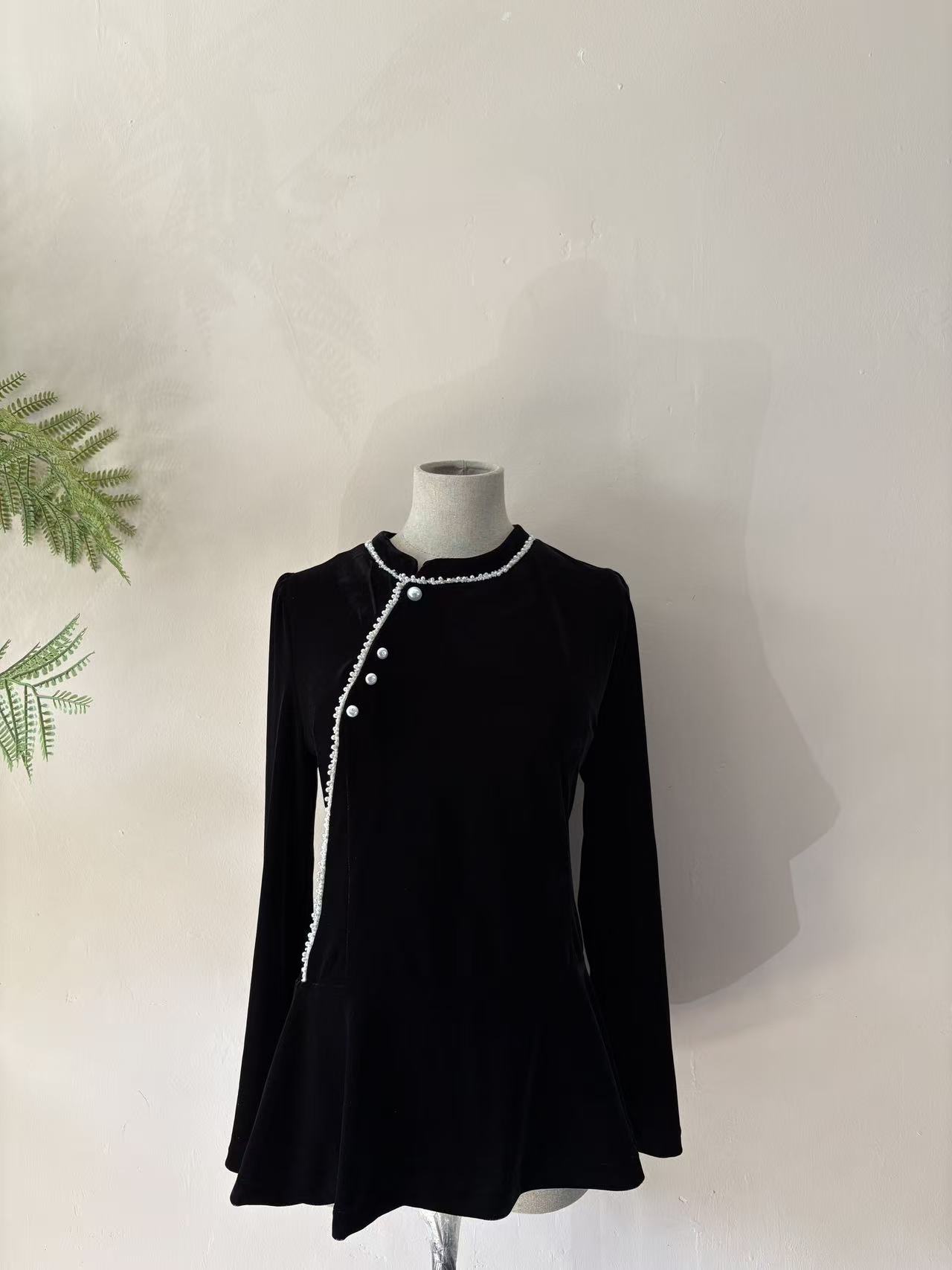 早秋新款丝绒新中式荷叶摆秋冬中国风气质上衣黑色ins国风