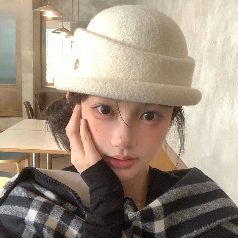 赫本风礼帽女秋冬法式复古优雅千金风高级感卷边黑色渔夫帽显脸小