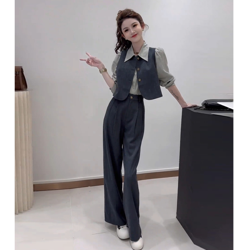 拉夏贝尔一整套女春秋2025新款气质百搭马甲衬衫休闲裤盐系三件套