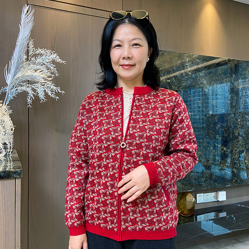 短款百搭花棉袄老年人妈妈装彩线提花中老年女装红色时尚6231