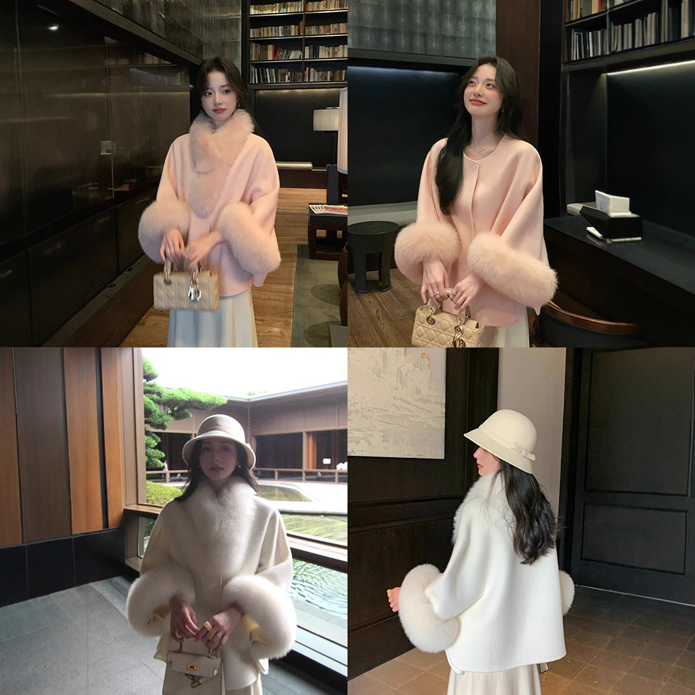 贵贵小斗篷双面羊绒大衣女2025秋冬小个子毛呢羊毛外套短款狐狸毛