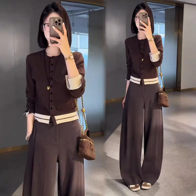 时尚套装女2025秋季新款时髦洋气长袖毛针织衫毛呢阔腿裤两件套潮