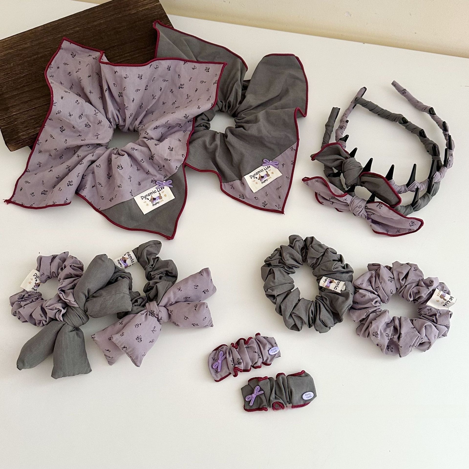 韩系灰紫碎花拼色贴布方巾发圈褶皱蝴蝶结发夹新款发夹发箍发饰女