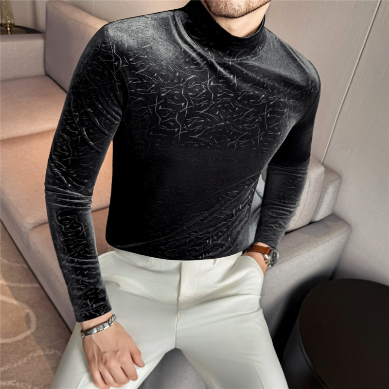 裂纹工艺秋冬加厚亮面丝绒面料半高领打底T恤中领长袖体恤衫男士