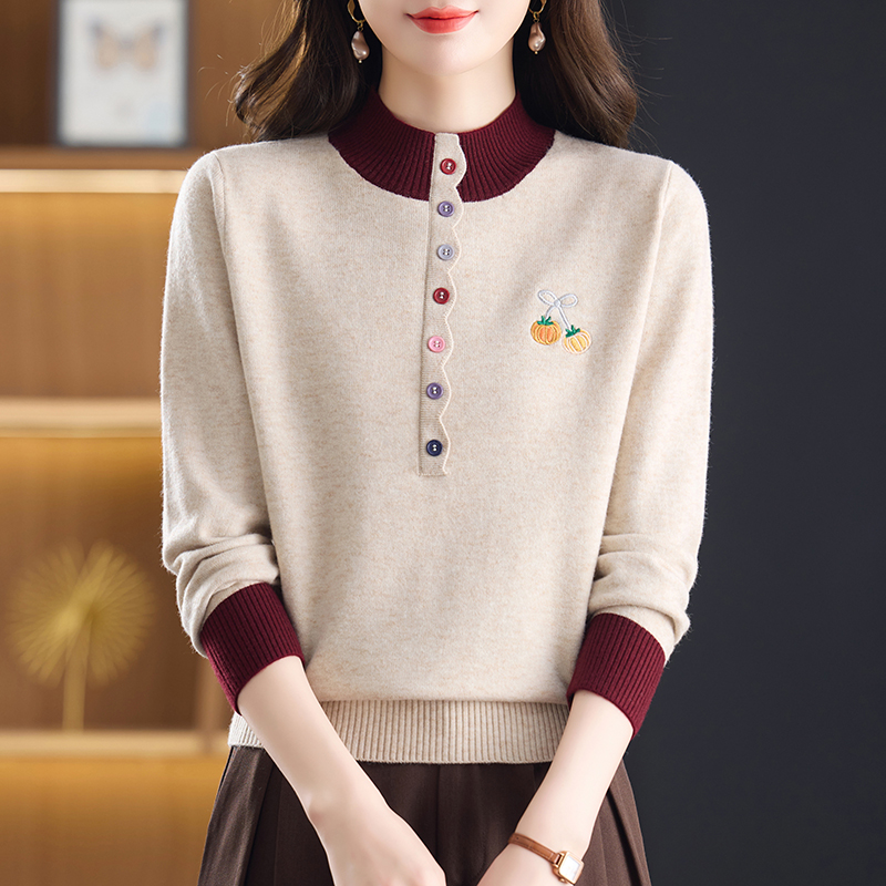 2025半高领假两件南瓜打底衫女装气质百搭套头毛衣显瘦针织衫冬季