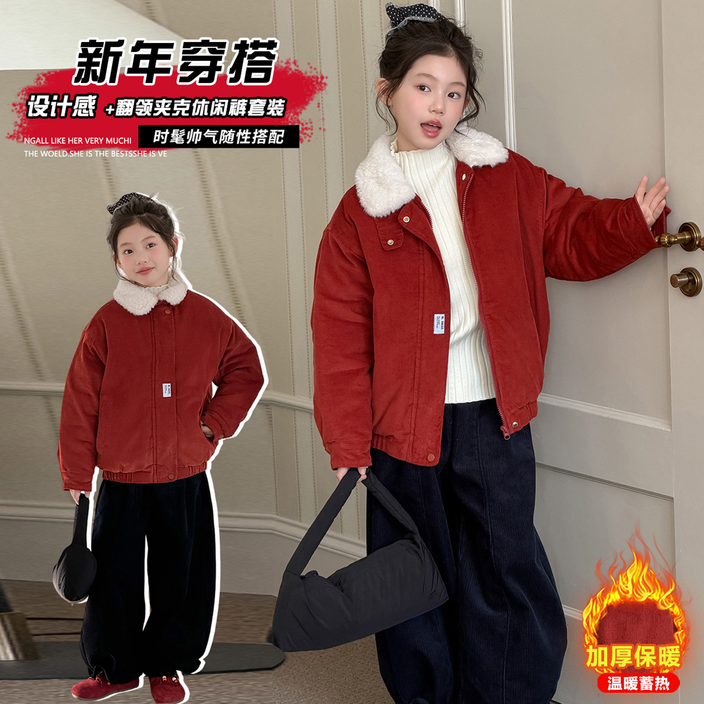 女童韩系翻领加厚棉衣休闲裤套装2025冬季灯芯绒毛领绗棉棉服外套