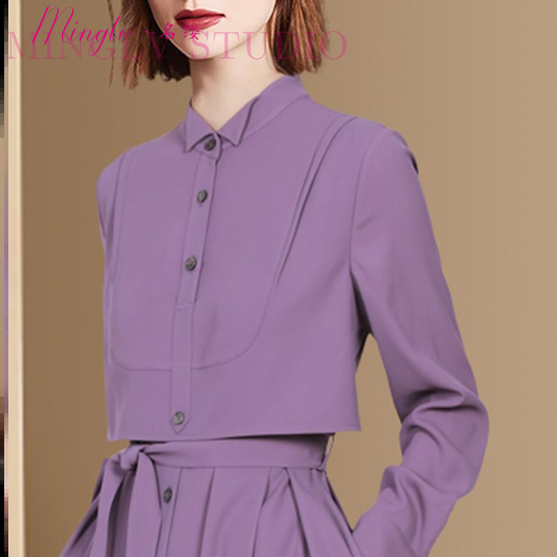 名缕时尚秋季法式气质紫色洋装女装2025新款洋派系带收腰衬衫裙