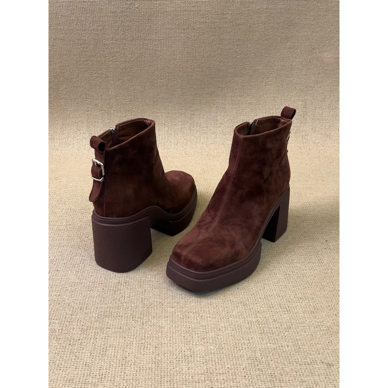 nnmiss/8.5cm法式方头磨砂粗跟短靴小个子侧拉链百搭通勤时装靴