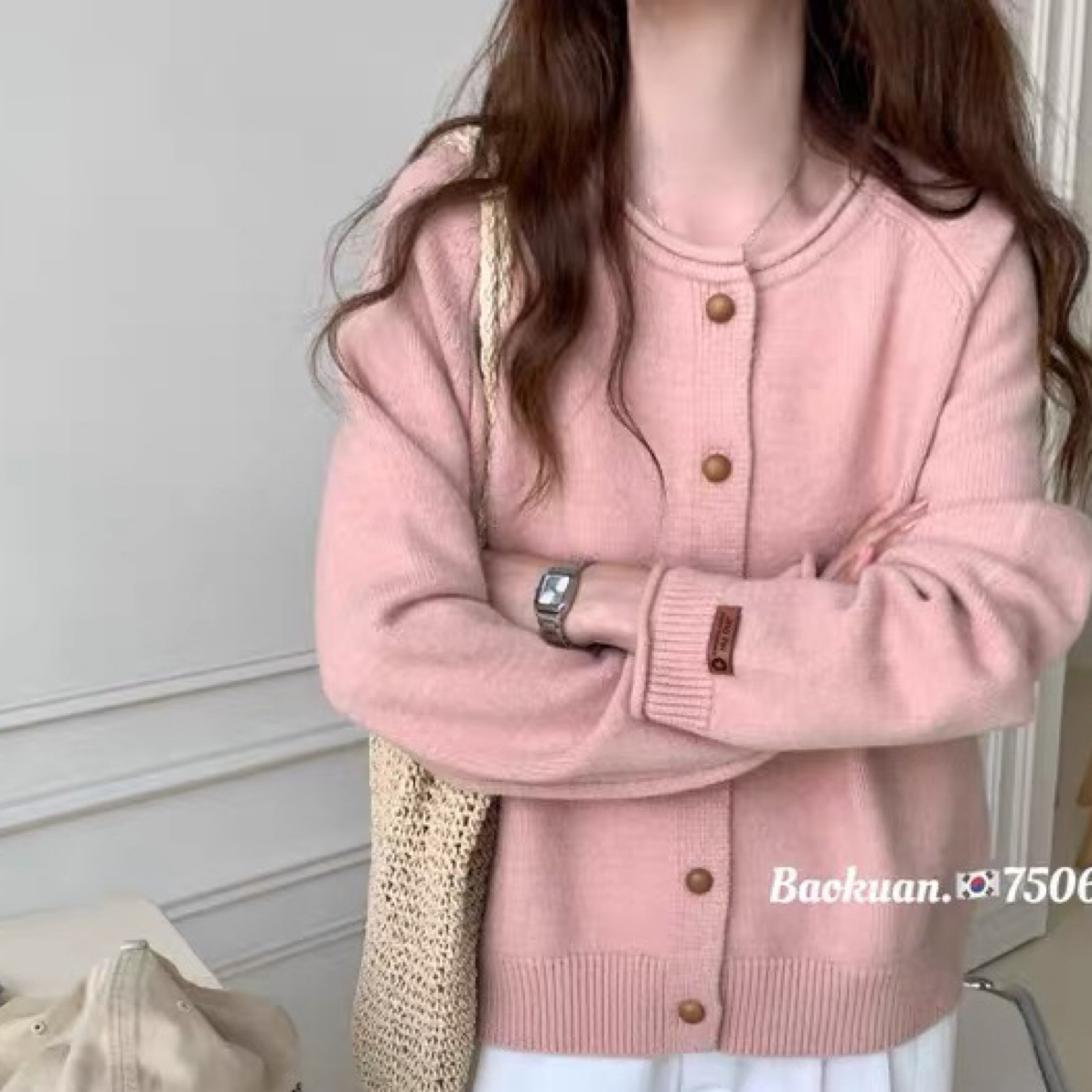 【高克重】25款卷边棒球服版秋冬韩版ins粉色宽松百搭毛衣开衫外套