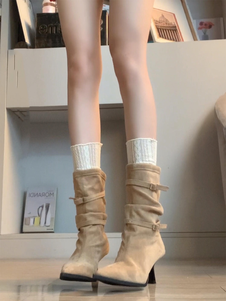 2025新款加绒尖头气质褶皱堆堆靴显瘦细跟西部靴高跟短靴女瘦瘦靴