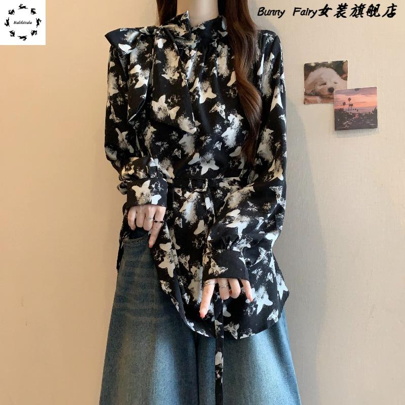 今年流行漂亮蝴蝶印花雪纺衬衫2025早春大码女装胖mm欧货衬衣上衣