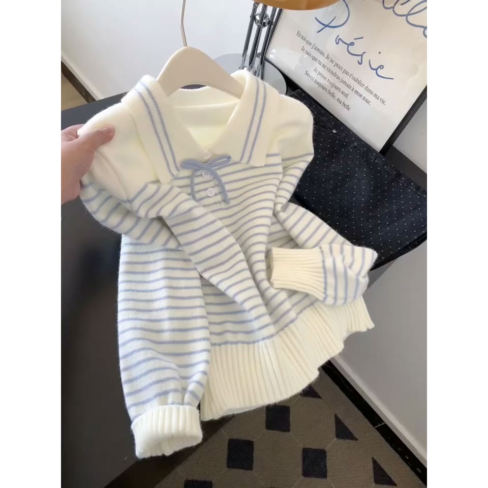 韩系条纹气质翻领条纹蝴蝶结绑带毛衣女秋冬季甜美长袖软糯针织衫