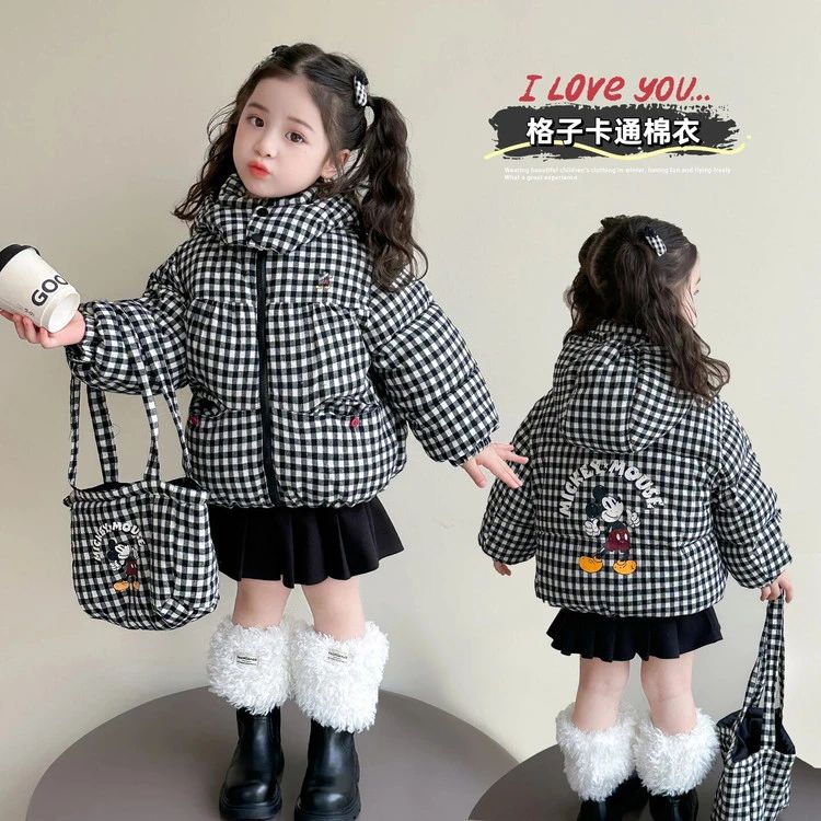 女童米奇格子棉衣冬季2025新款儿童加厚连帽保暖外套宝宝冬装棉袄