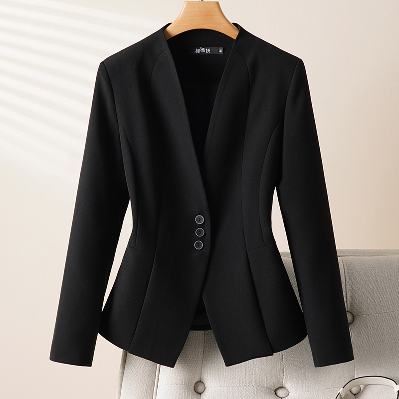 郁香妍黑色西装女外套春季短款小个子无领小西装修身 v领西服百搭
