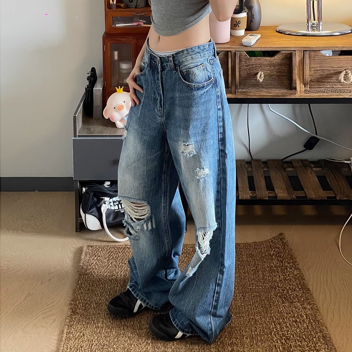 大码美式复古破坏宽松破洞牛仔裤女夏季新款水洗直筒拖地阔腿长裤