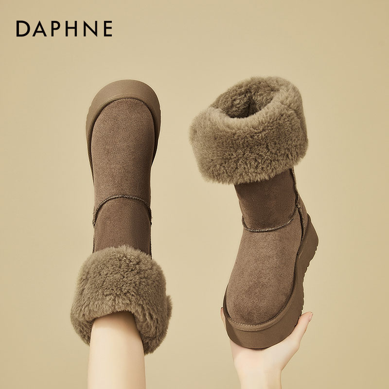 达芙妮加绒加厚保暖厚底棉靴2025冬季新款皮带扣中筒靴两穿雪地靴