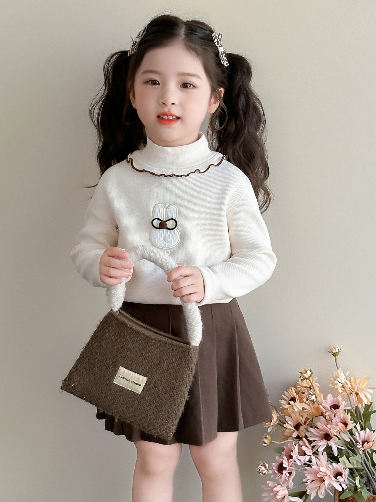 女童蕾丝花边领一体绒打底衫2025秋冬女宝宝加绒公主长袖T恤上衣