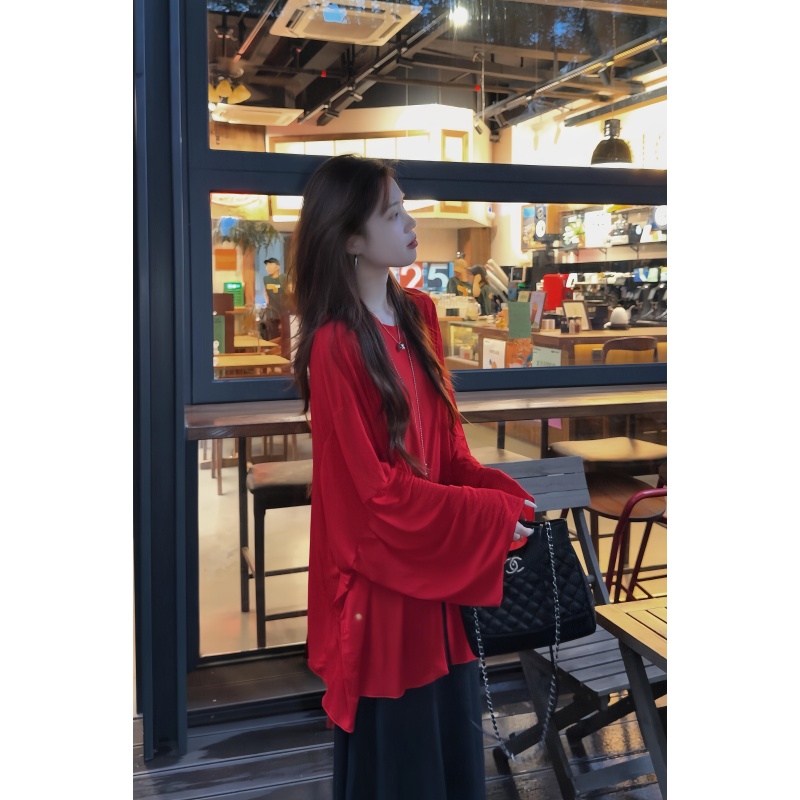 parkyeon夏季新款松弛感红色防晒罩衫上衣高腰垂感半身裙慵懒套装