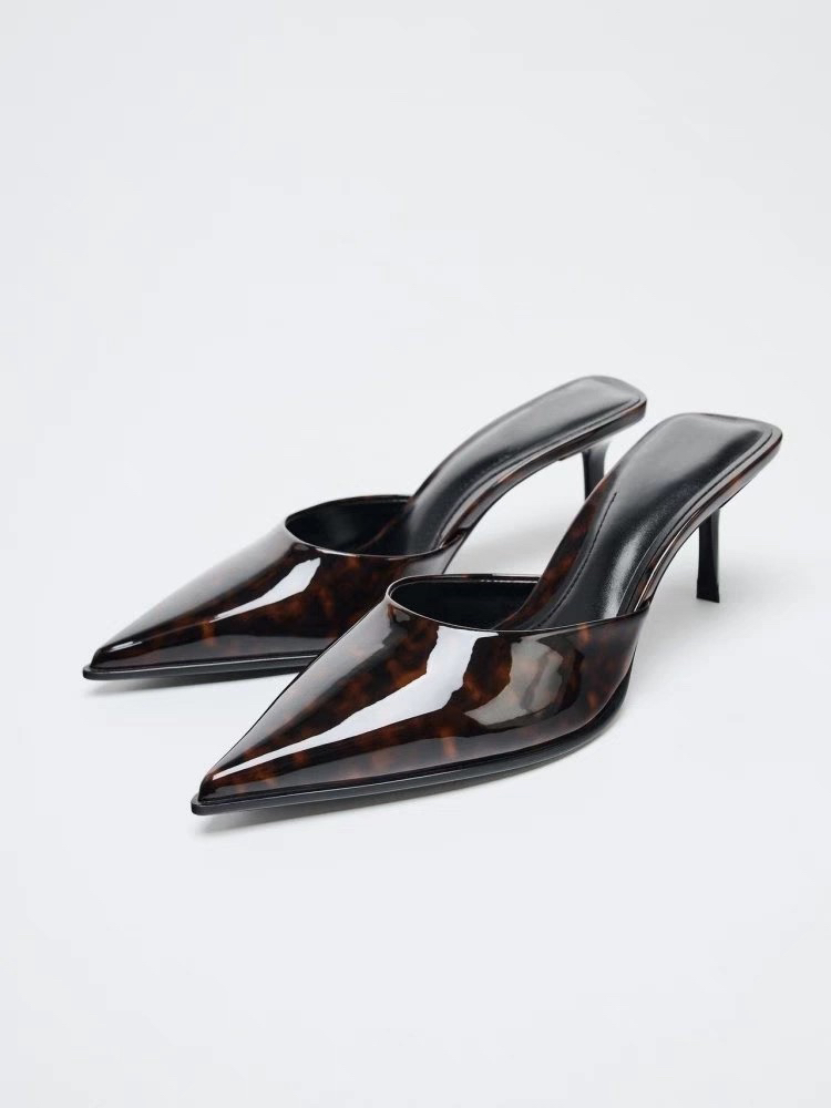 ZAKQ2025新款女鞋黑色漆皮穆勒鞋尖头露跟浅口时尚气质凉鞋半拖