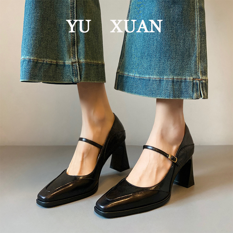 复古方头高跟鞋女粗跟2025新款春季气质一字带法式浅口单鞋时装鞋
