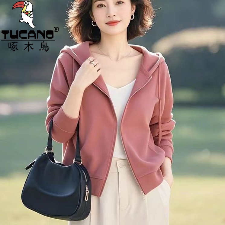 啄木鸟今年流行爆款韩版洋气减龄休闲慵懒风粉色连帽卫衣拉链外套