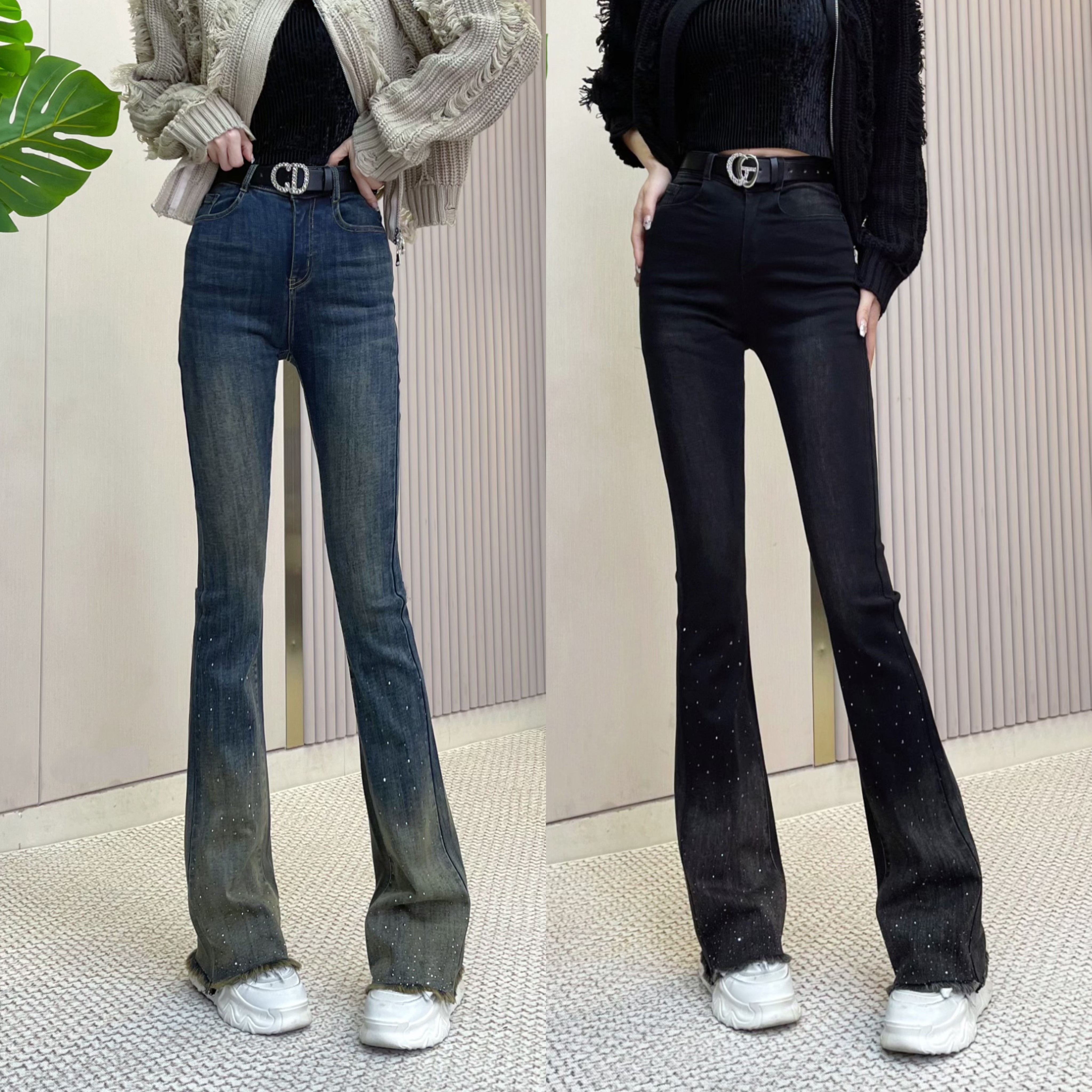 迪否高腰镶钻潮款喇叭裤子女款爆款2025新款毛边时尚洋气牛仔裤