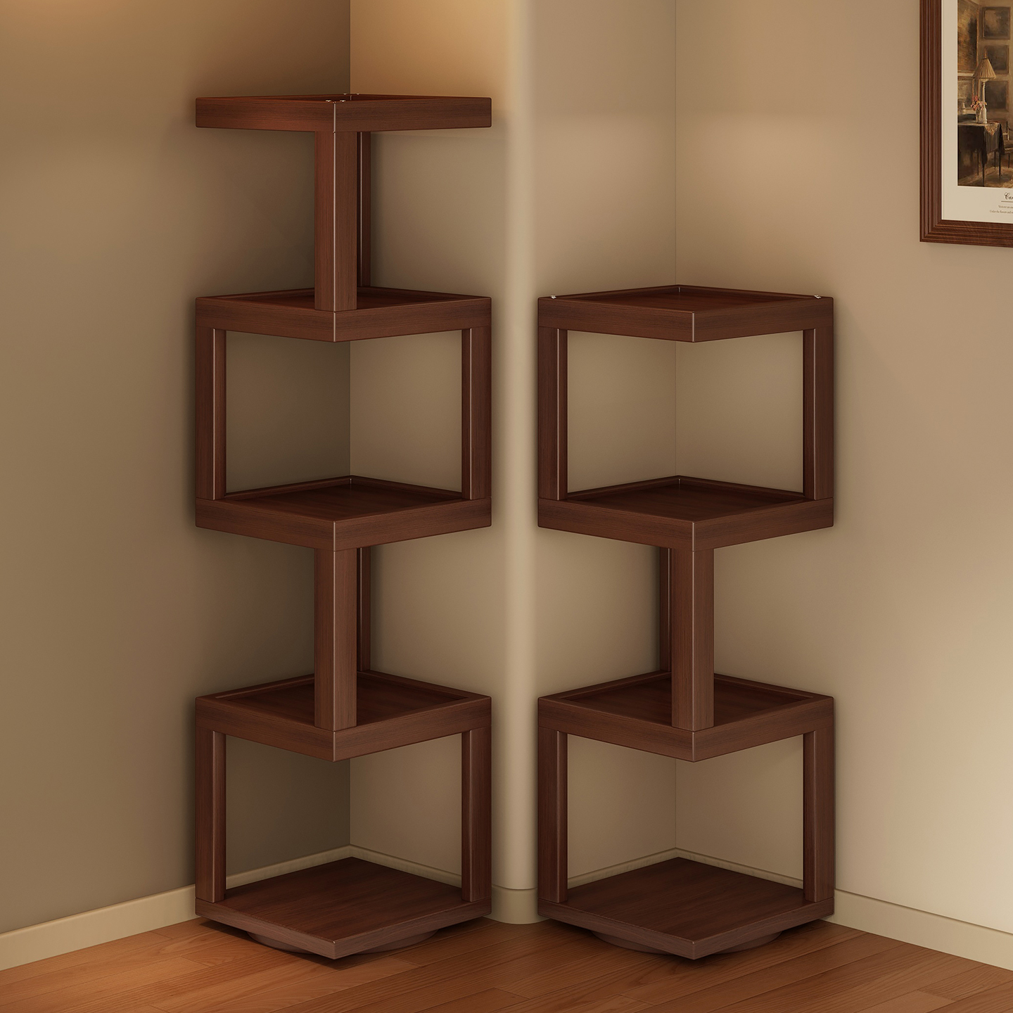 转角置物架落地客厅90度拐角落墙角收纳柜一体靠墙中古风旋转书架