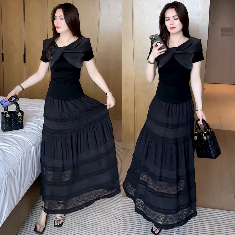 2025新款爆款减龄穿搭一整套洋气显瘦黑色t恤蕾丝连衣裙两件套装