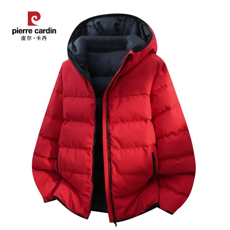 皮尔卡丹大红色棉服连帽本命年青少年棉衣男款大码胖子纯色棉服冬