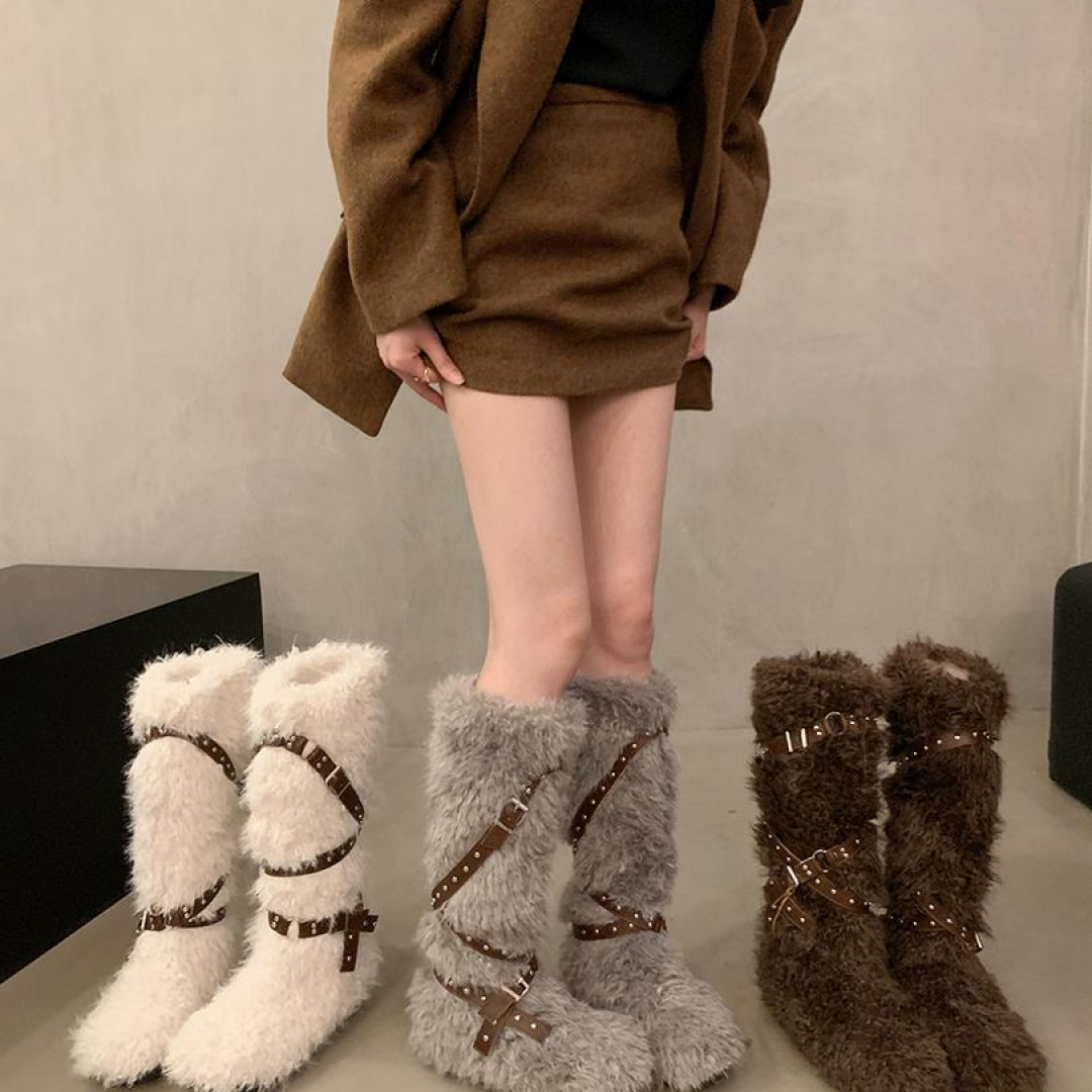 内增高加绒加厚雪地靴女2025新款秋冬季保暖毛毛鞋棉鞋高筒骑士靴