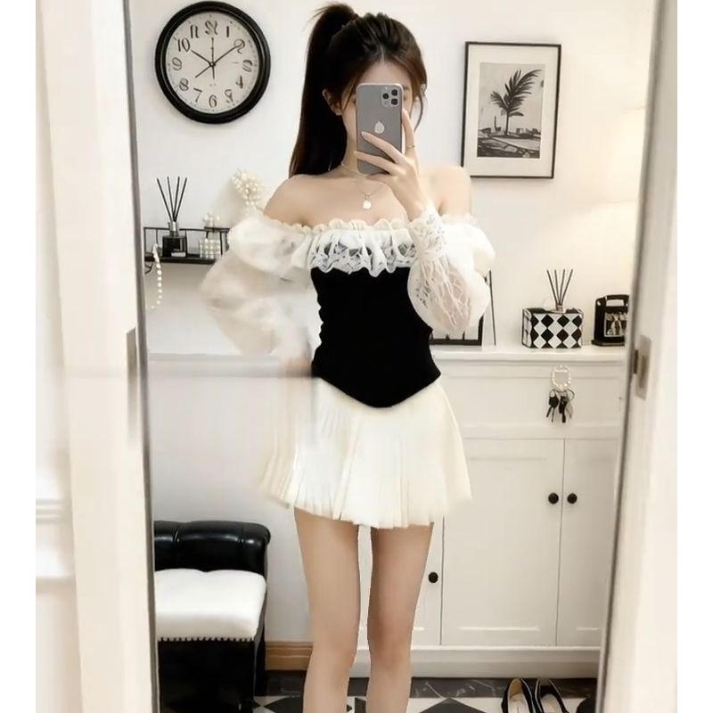 法式纯欲一字肩2025新款秋季甜美气质减龄修身百褶裙蕾丝连衣裙