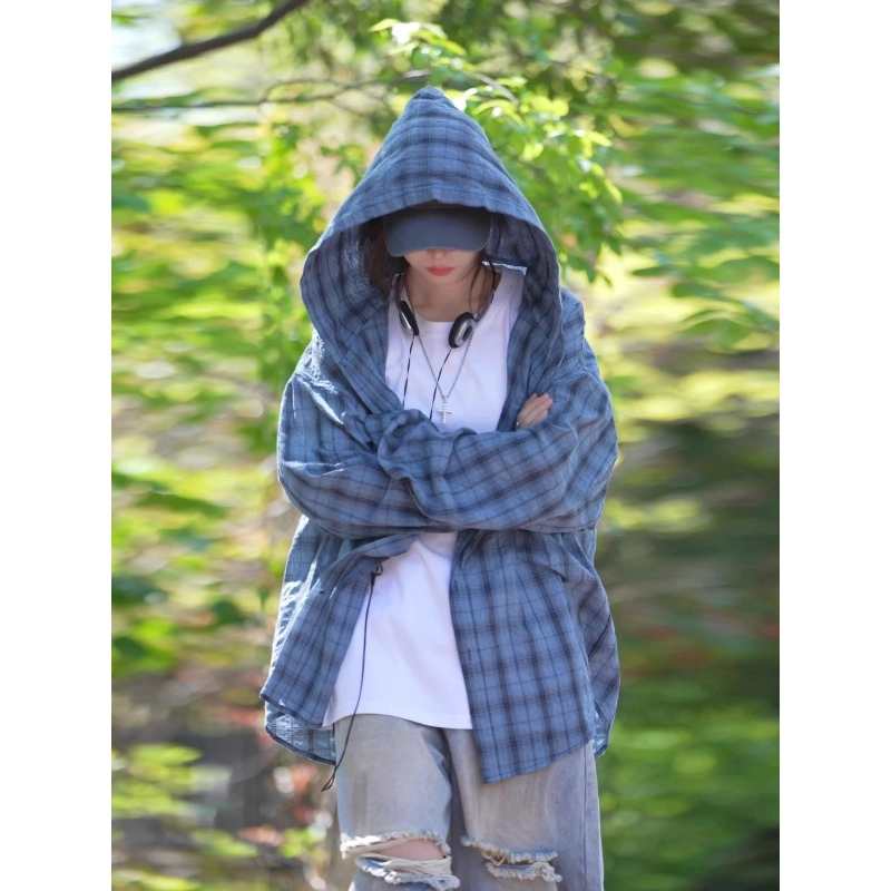 蓝格子衬衫外套男女夏季防晒连帽衬衣慵懒风情侣休闲上衣