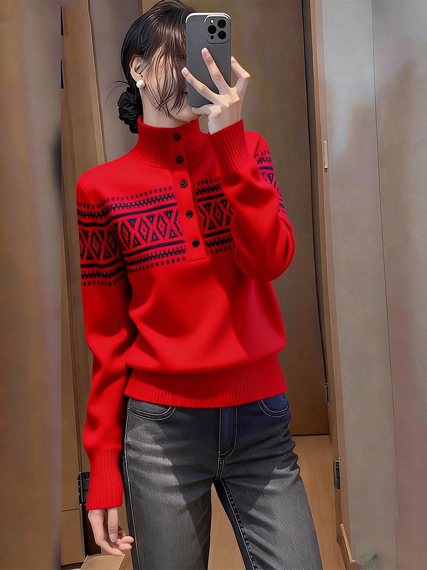 美式巨好看精致百搭红色高领针织衫女2025冬新款修身显瘦毛衣上衣