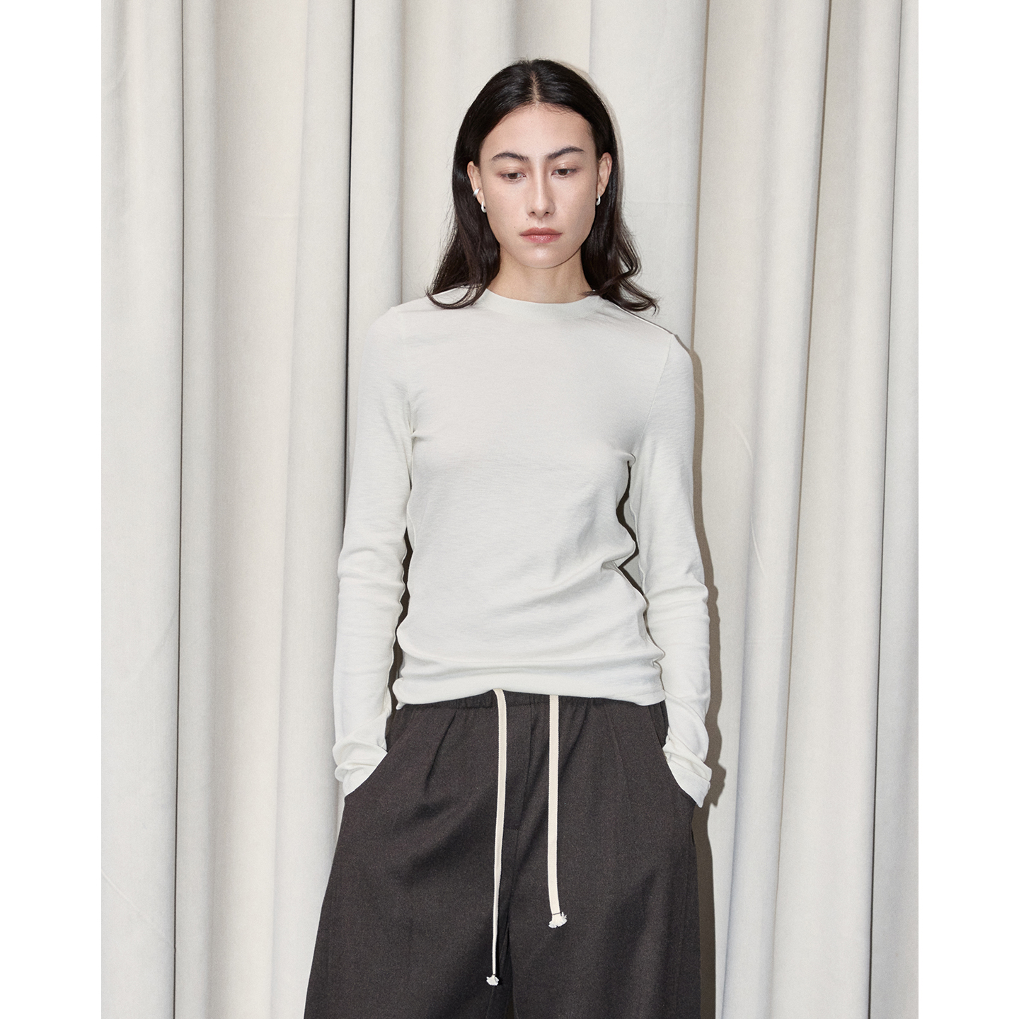 宽泛高弹修身圆领基础款T恤罗纹坑条长袖百搭打底衫上衣