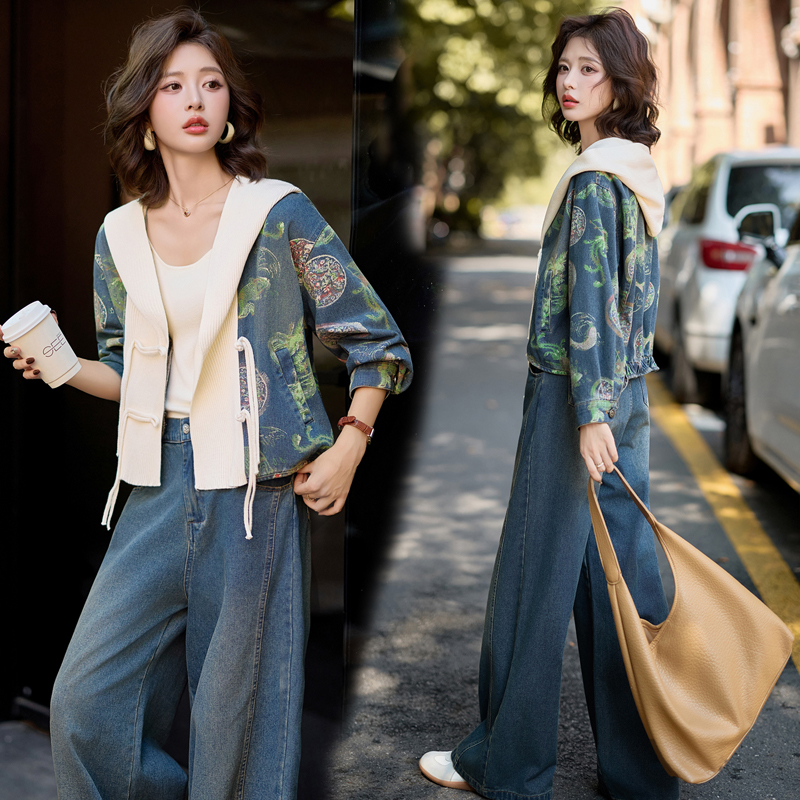 新中式国风盘扣牛仔套装女2025年秋季新款印花气质减龄休闲两件套