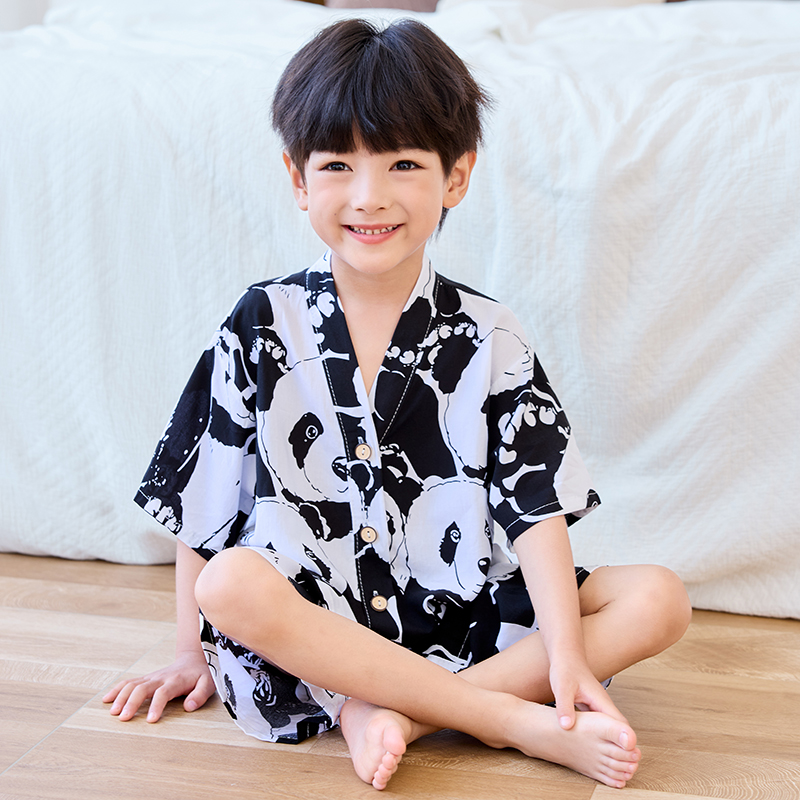 薄款男童儿童青少年空调家居服棉绸套装夏天女童女孩绵绸短袖睡衣