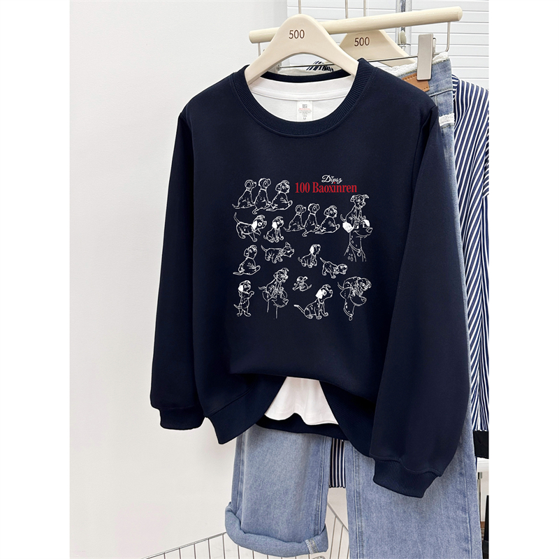 潮牌动物小狗图案圆领正肩卫衣女2025秋冬款胖MM宽松大码长袖上衣