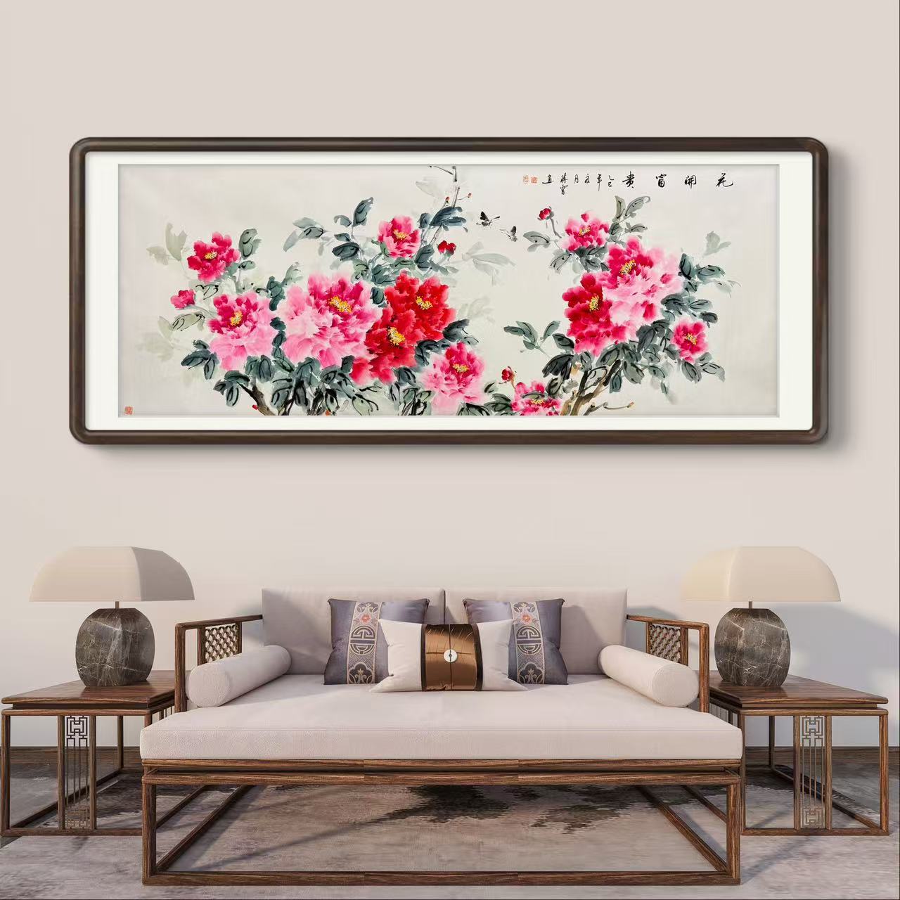 《花开富贵》纯手绘六尺牡丹横幅客厅卧室国画挂画作品文玩探宝