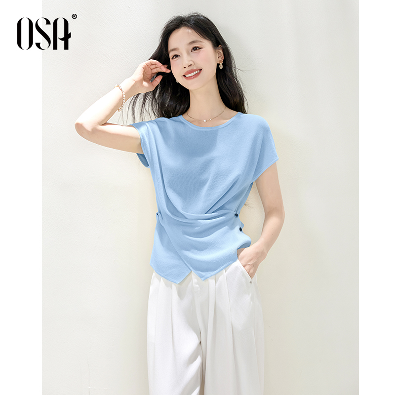 OSA/欧莎 欧若风松弛感不规则扭结小衫女短袖女夏薄款S125B16051