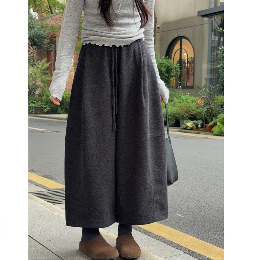 大码冬季深灰色垂感加绒阔腿裤女梨形身材高腰宽松显瘦八分休闲裤