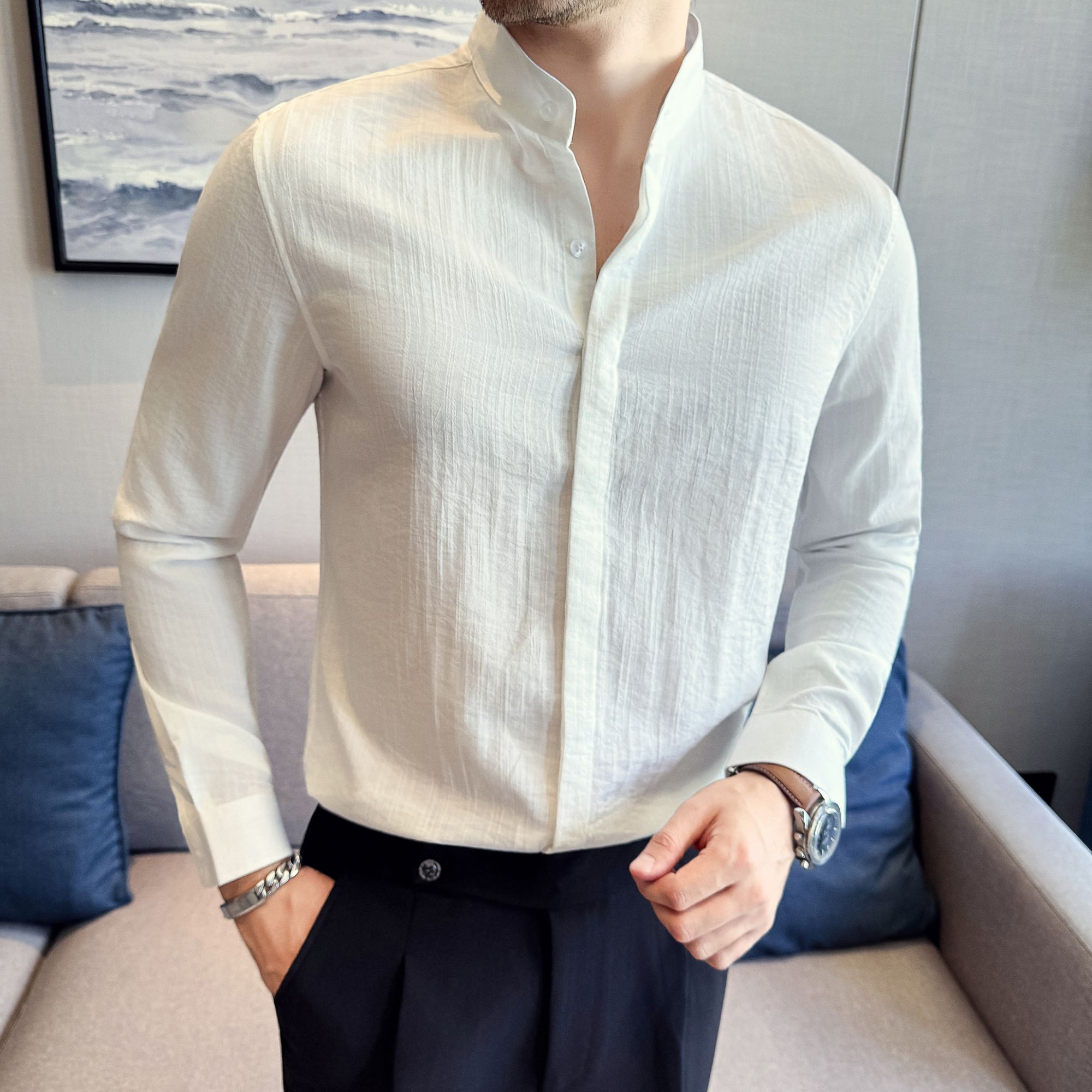 高端仿麻棉暗条纹立领衬衫男商务休闲免烫质感男士长袖衬衣轻奢风