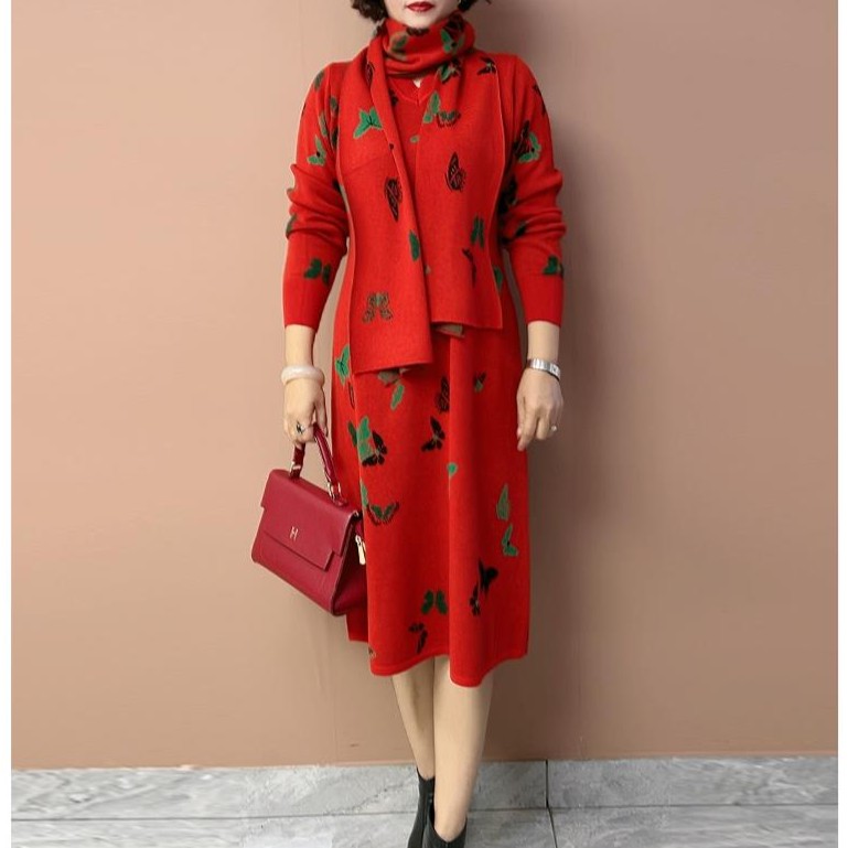 729妈妈针织连衣裙2025气质优雅宽松大牌花色显瘦套头大码毛衣裙