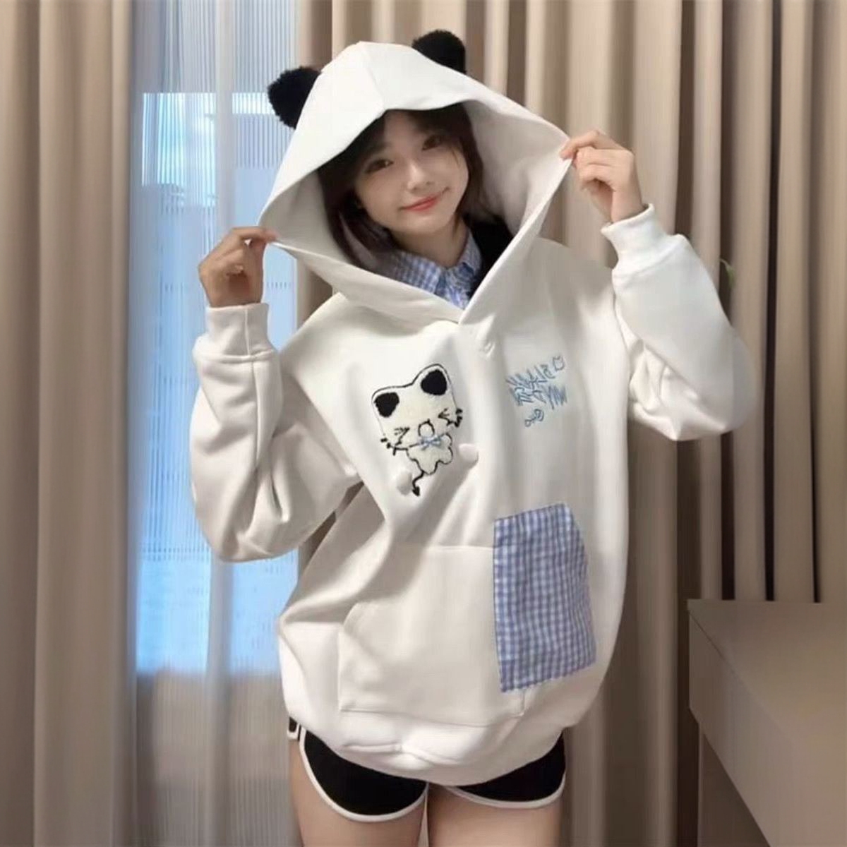 女童春秋连帽卫衣新款儿童衣服学院风洋气假两件POLO领长袖上衣潮