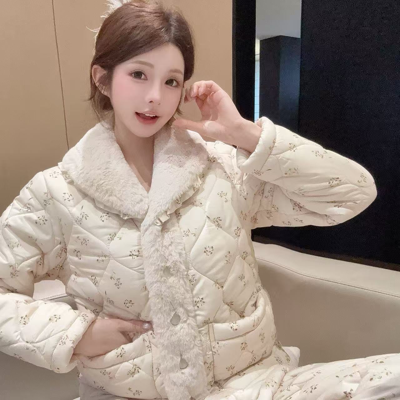 2025新款睡衣女秋冬季三层夾棉加绒加厚甜美碎花高级感保暖家居服