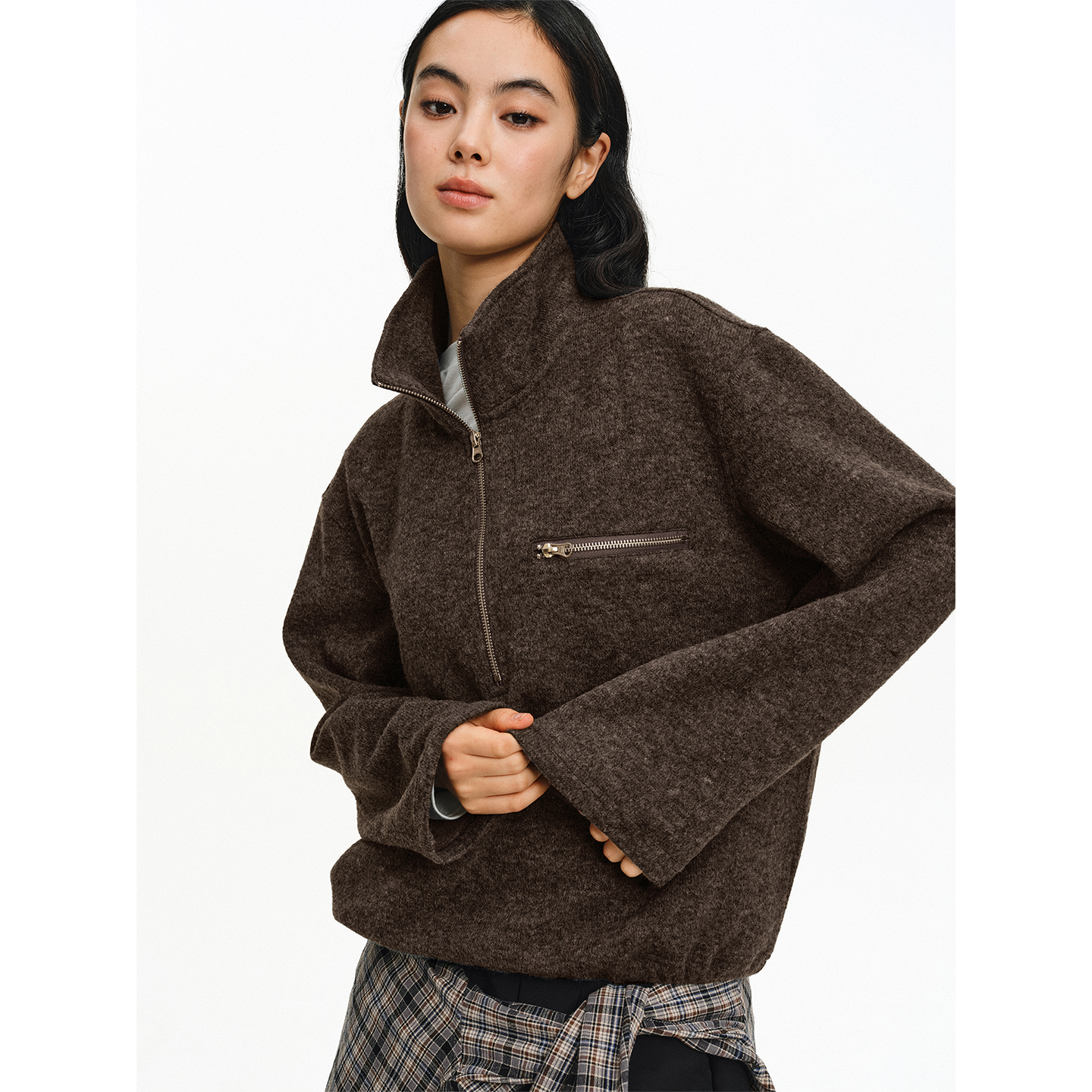 LIMPIDOCULUS 双色澳毛绵羊毛混纺立领短款拉链长袖卫衣