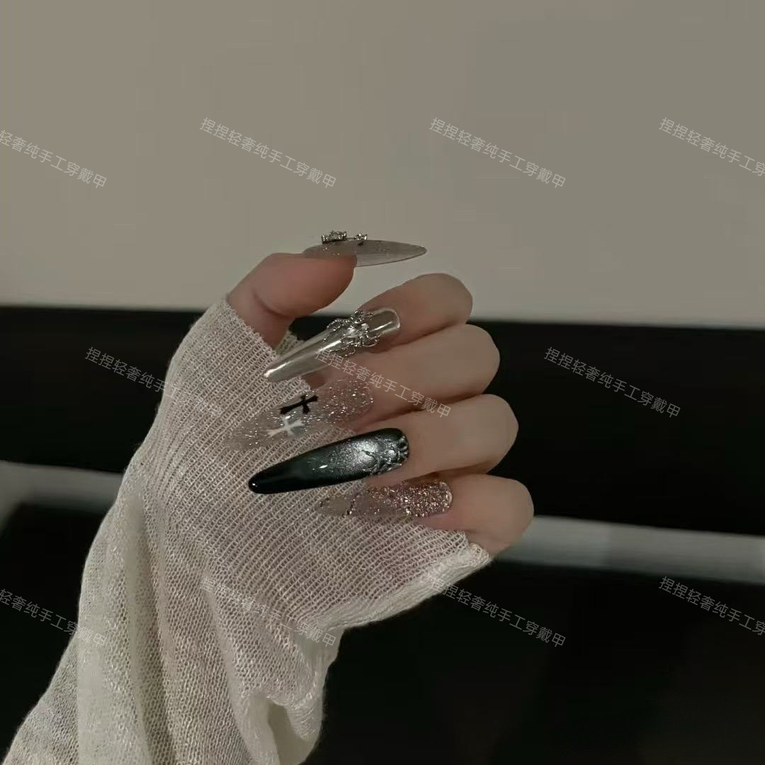 【爆闪克罗心】纯手工穿戴甲黑色系御姐暗黑风猫眼银色捏捏穿戴甲