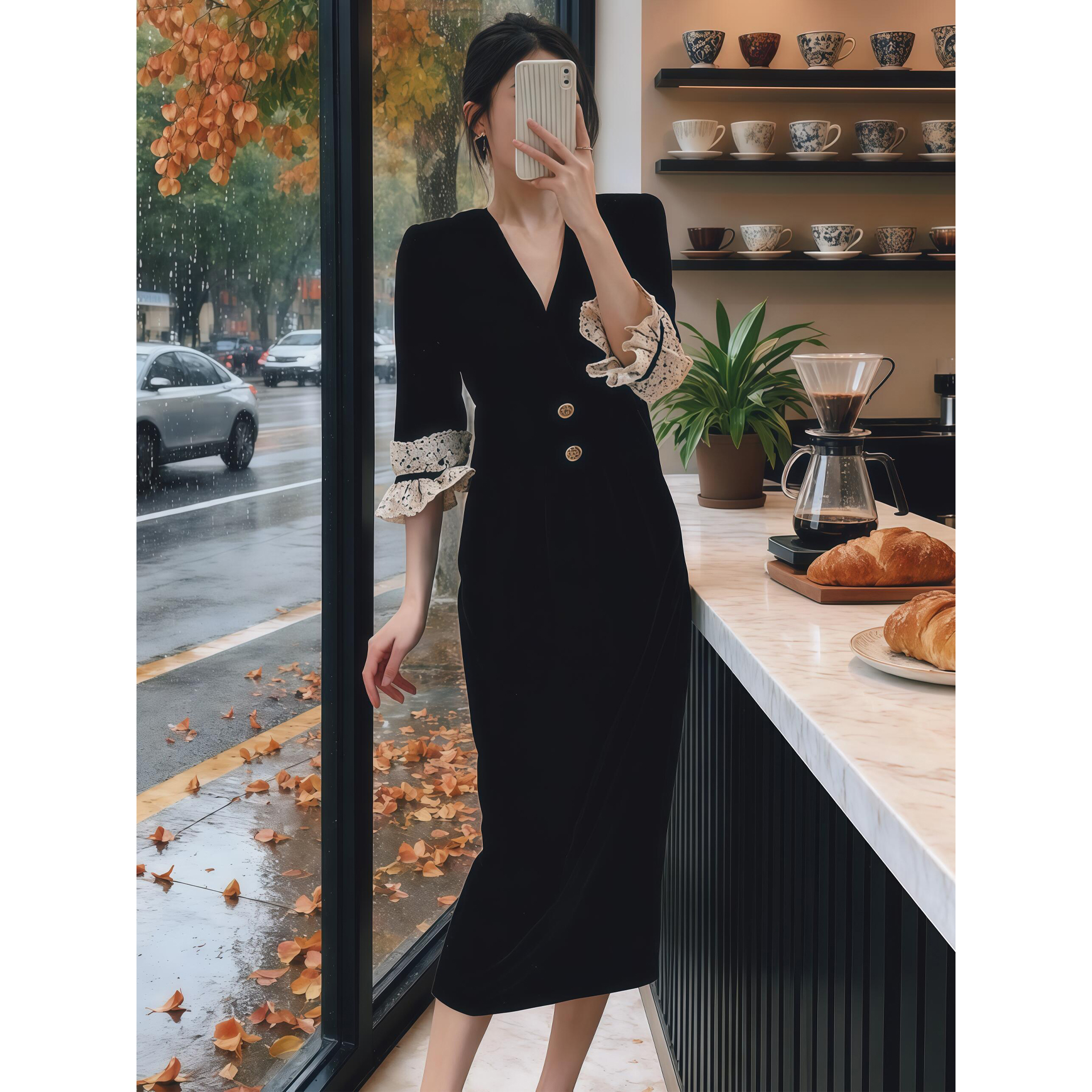 法式赫本风黑色丝绒连衣裙女秋收腰显瘦时尚拼接御姐千金风小黑裙